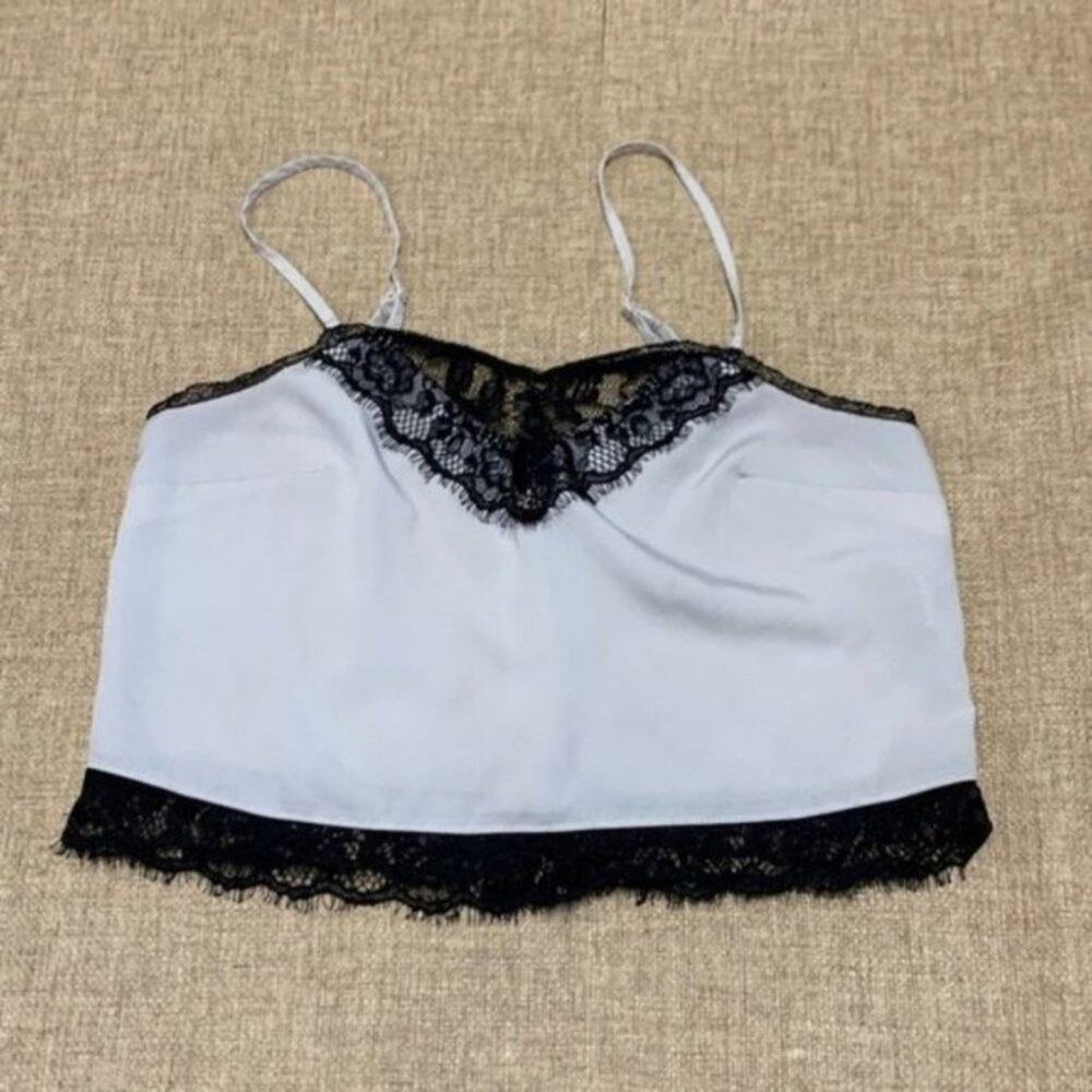 Forever 21 spaghetti strap lace trim top blue black v neck sz Small blouse